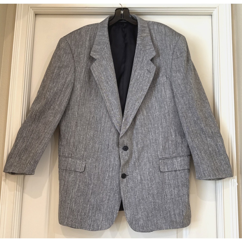 Versini Sports Coat Blazer Men's 46L‎ Tweed Gray/Blue Jacket Silk 2 Button Woven